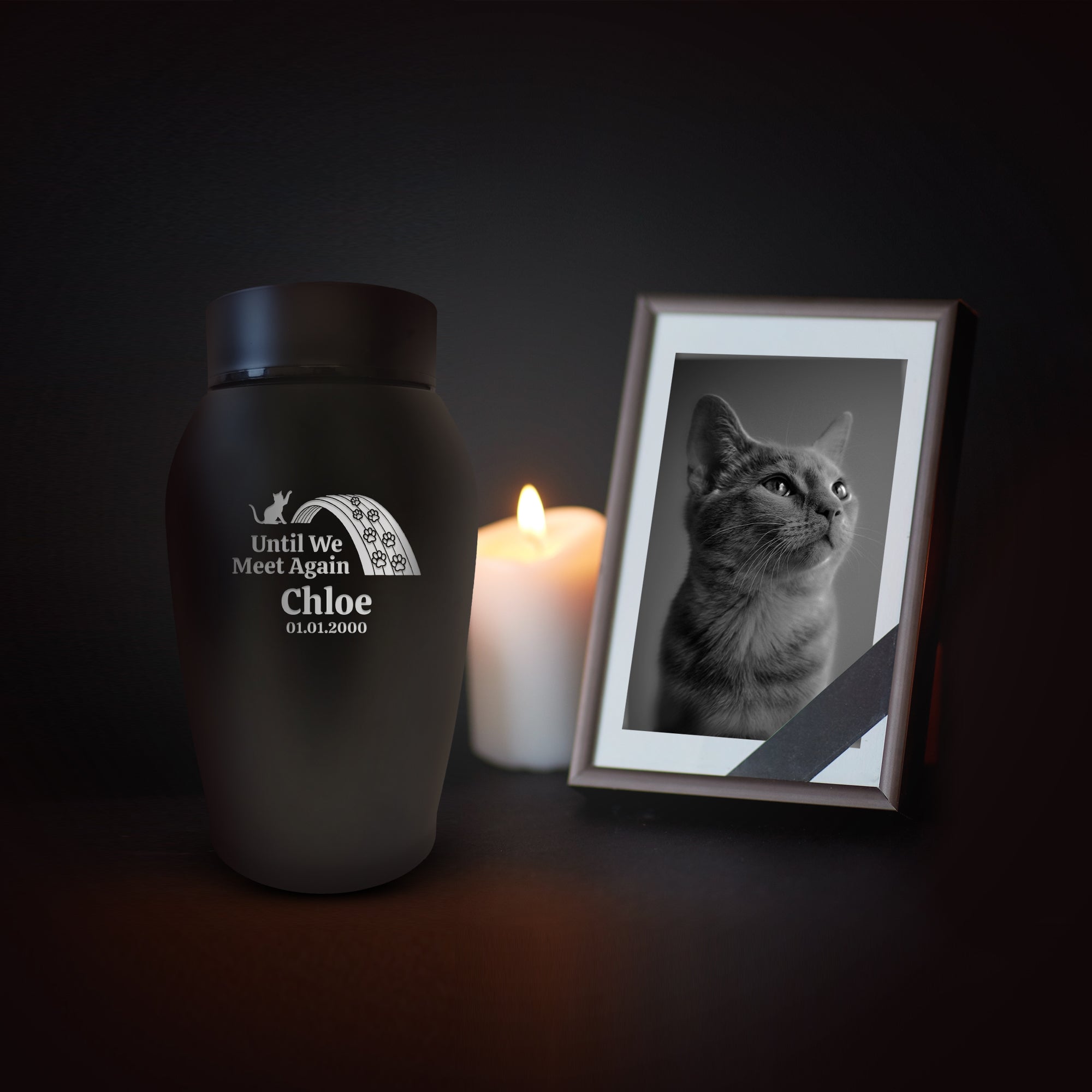 Personalized Custom Small Keepsake Urn Engraved with Pet Name, Date, and Cat Design - 5.2" Black Powder Coated Steel Cremation Urn for Cat Ashes - Airtight Closure | 12-16 lb Capacity