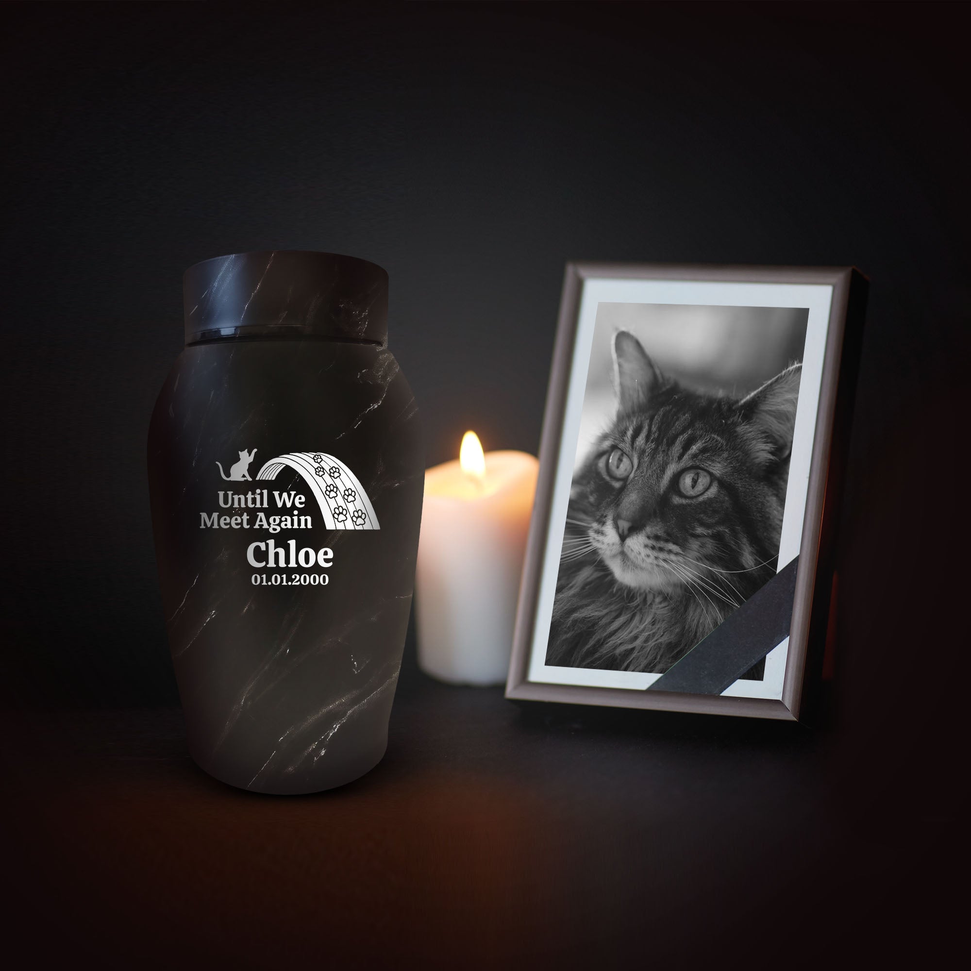 Personalized Faux Marble Cat Urn: Engraved Cat Name and Date - Stainless Steel Cremation Urns for Cat Ashes with Airtight Closure | Black
