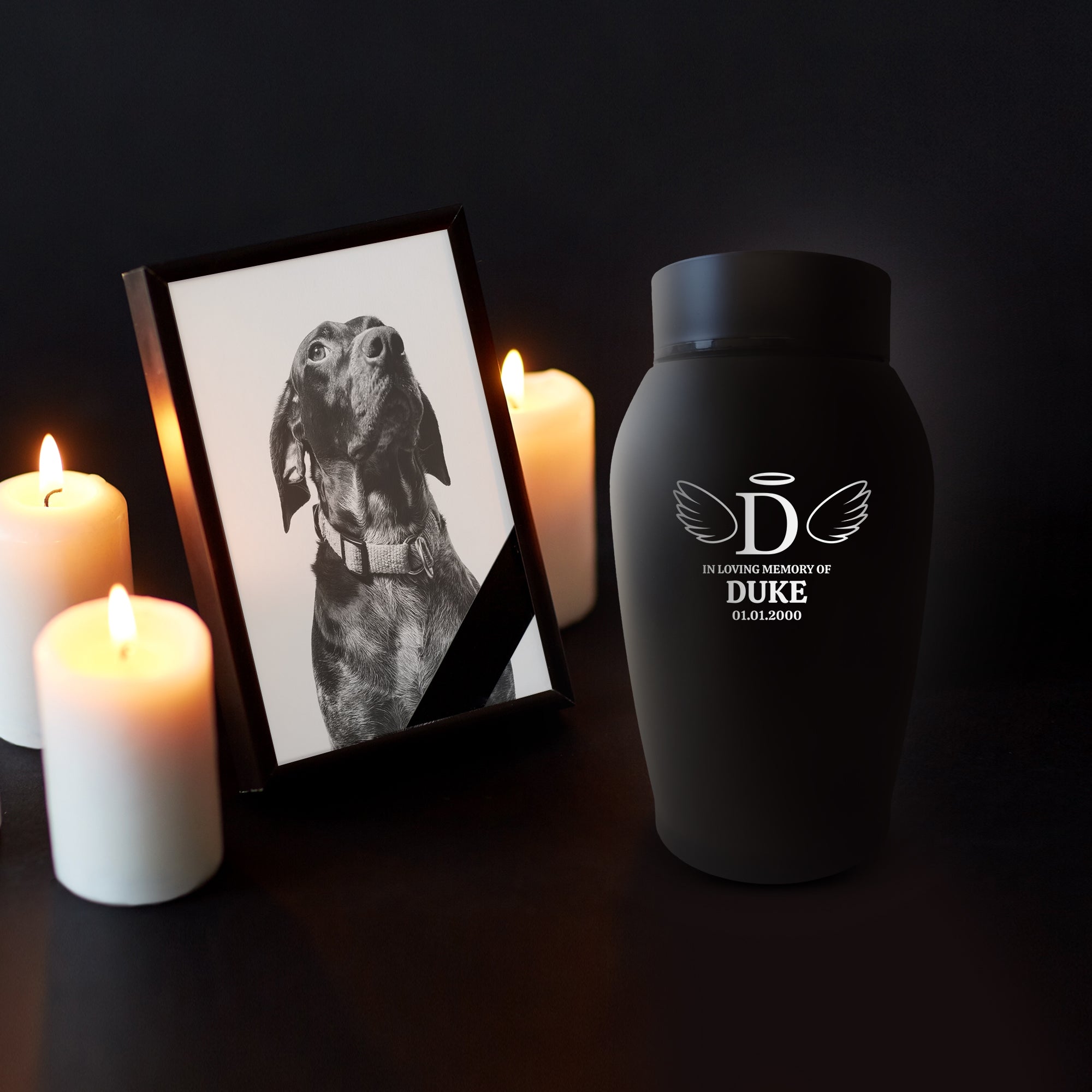 Personalized Custom Small Keepsake Urn Engraved with Pet Name, Date, and Dog Design - 5.2" Black Powder Coated Steel Cremation Urn for Dogs Ashes - Airtight Closure | 12-16 lb Capacity