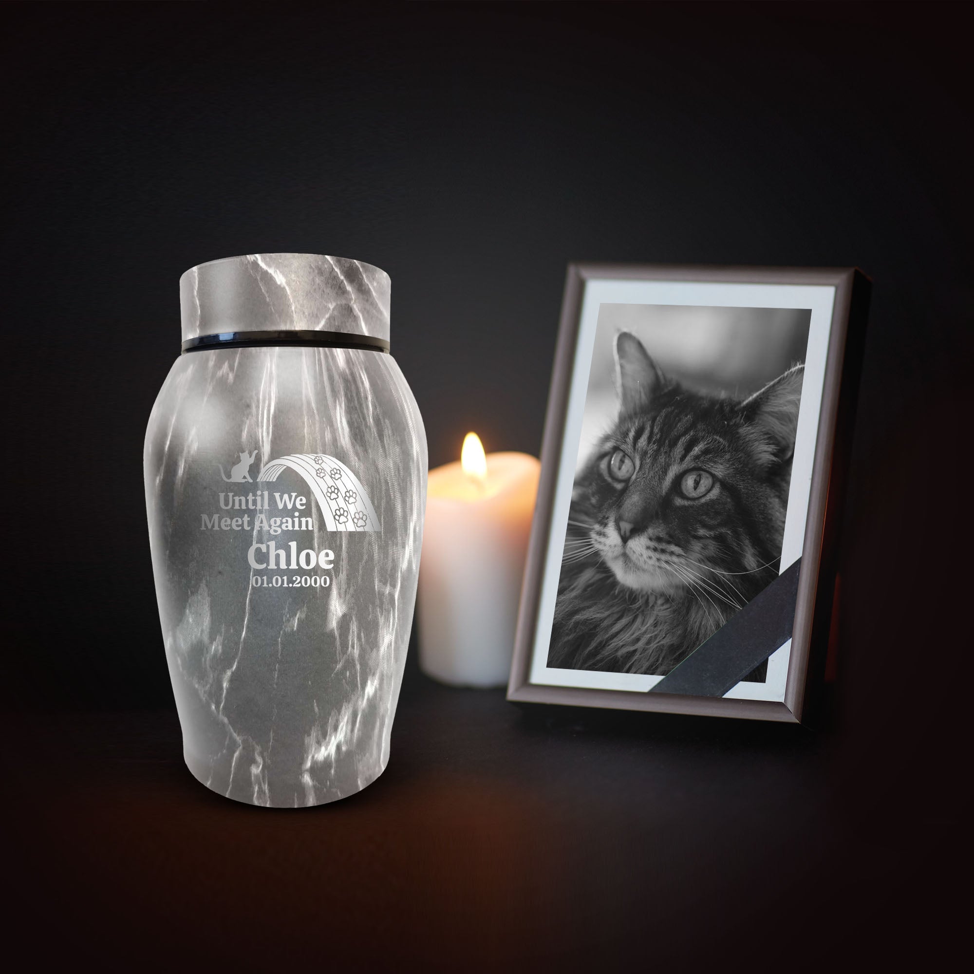Personalized Stone Gray Cat Urn: Engraved Cat Name and Date - Stainless Steel Cremation Urns for Cat Ashes with Airtight Closure | Stone Gray