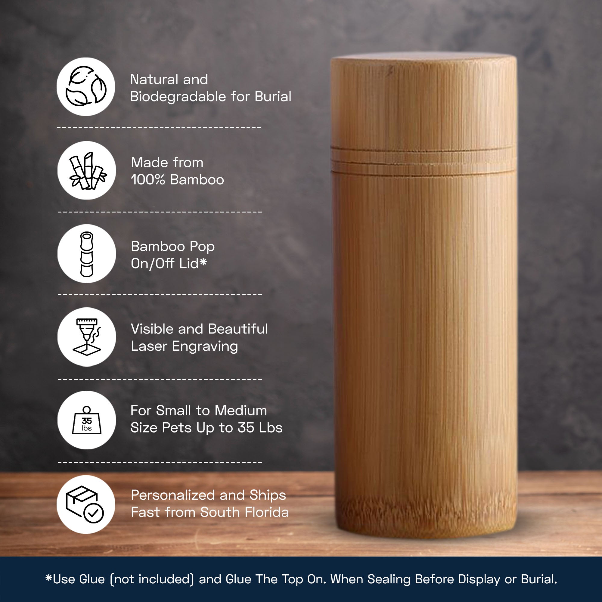 Personalized Custom Bamboo Tube Urn for Cat Pet Ashes: Environmentally Friendly Cremation Urn for Scattering, Burial, or Display Options - Pet Size up to 35 lbs