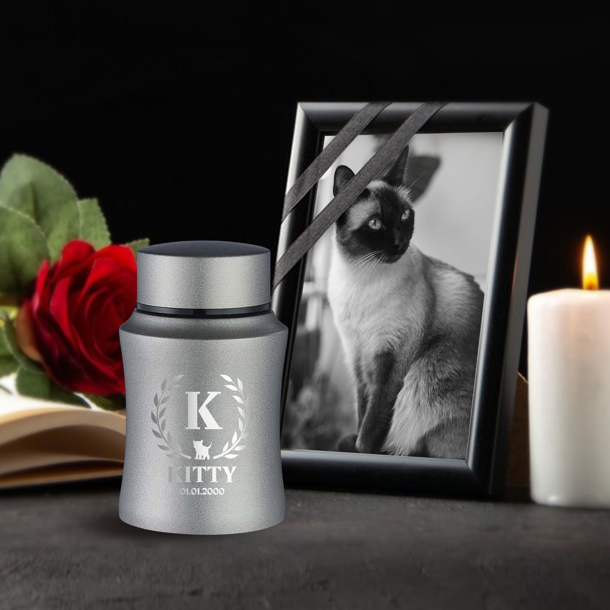 Customized Small Keepsake Urn Personalized Engraved with Pet Name, Date, and Text - 4" Powder Coated Cremation Mini Compact Urn for Cat Ashes | 5–10 Lbs Capacity.