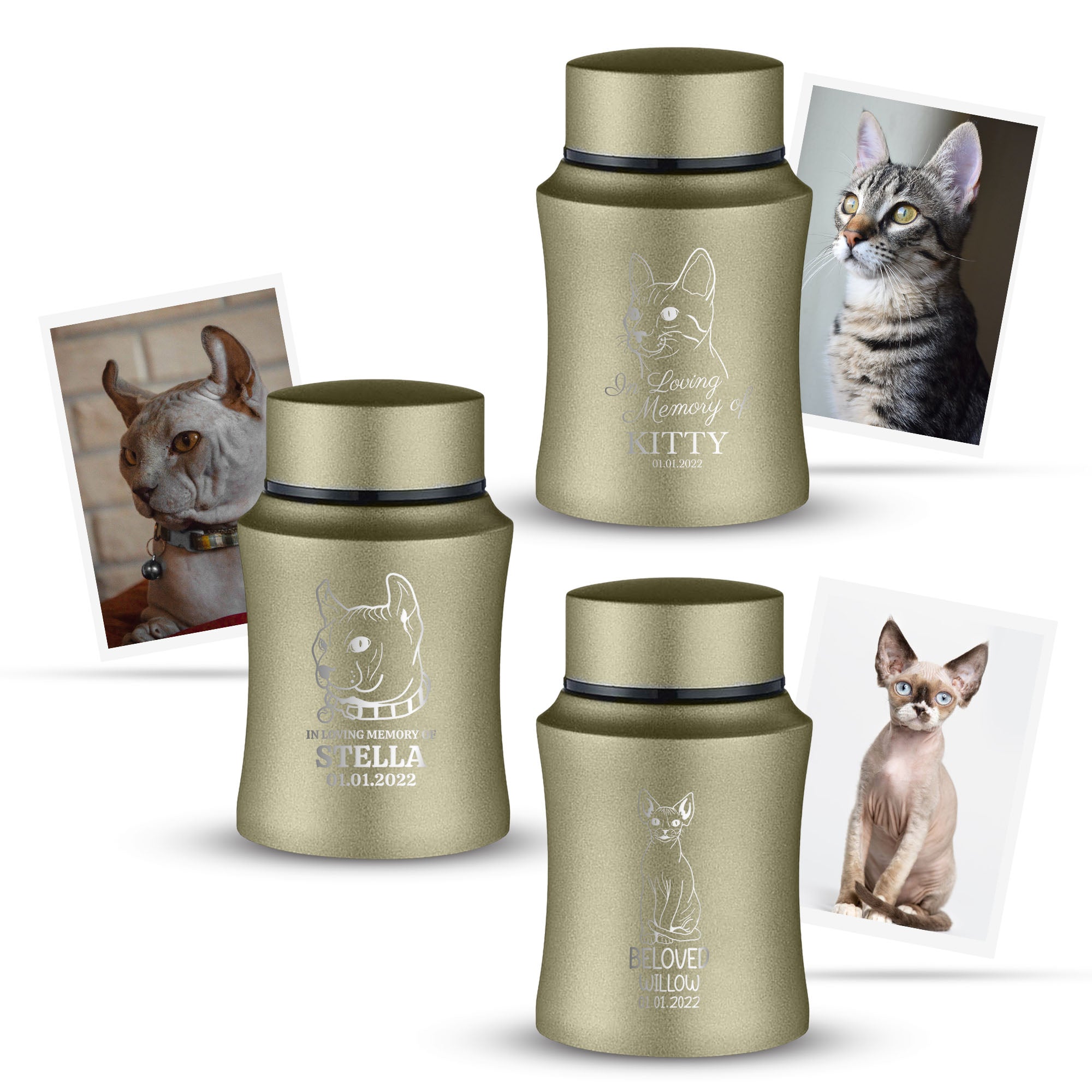 Custom Engraved Pet Photo/Image Keepsake Urn - Personalized with Pet Name, Date, and Pet Image - 4" Powder Coated Steel Cremation Mini Compact Urn for Pets Ashes, Washed Gold , Powder Blue , Gray | 5–10 Lbs Capacity