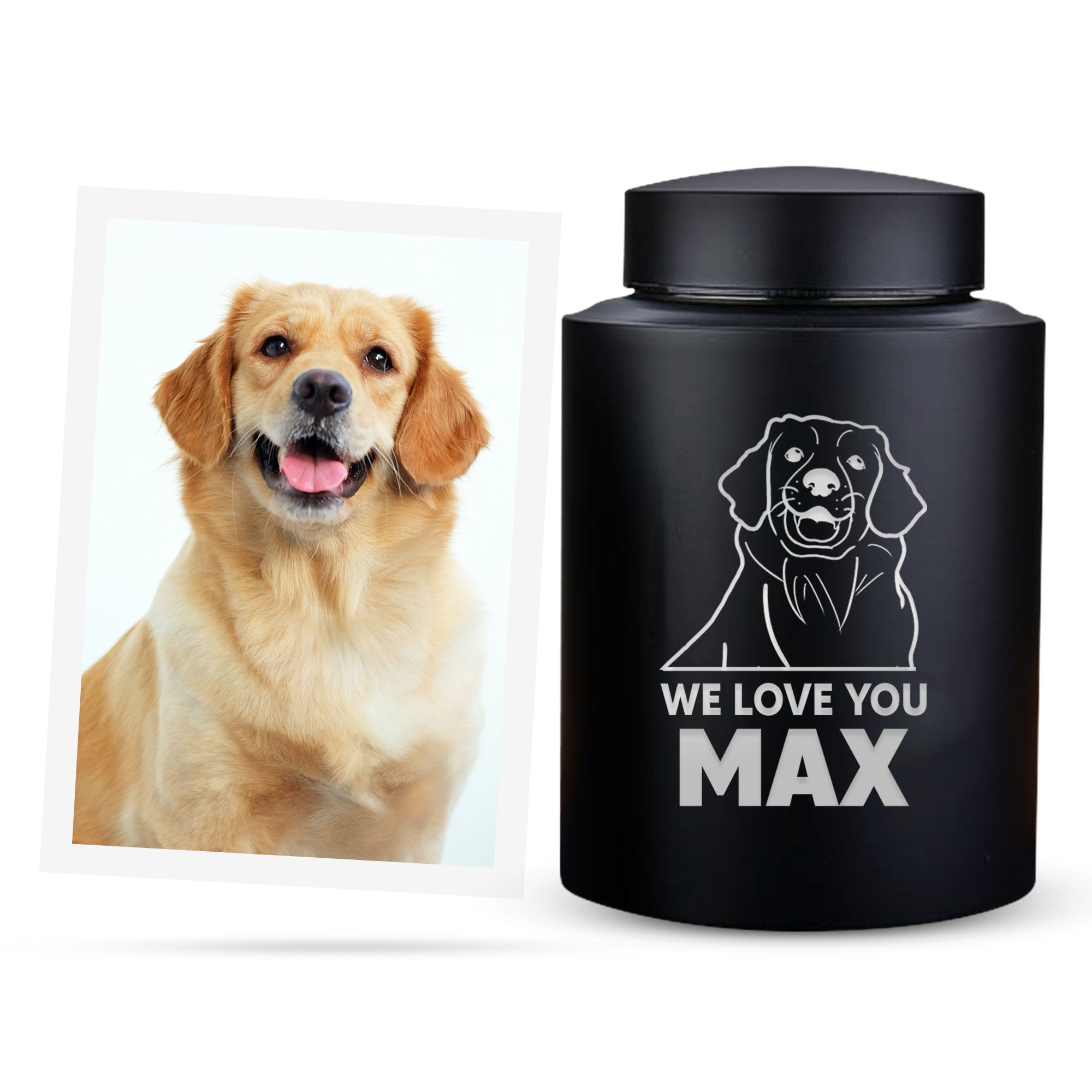Custom Engraved Large Pet Memorial Urn with Personalized Photo/Image - Round Powder Coated Steel Urns for Pets Ashes, Pet Size 90-115 lbs | Name, Date, and Text Engraving Included | (Black)