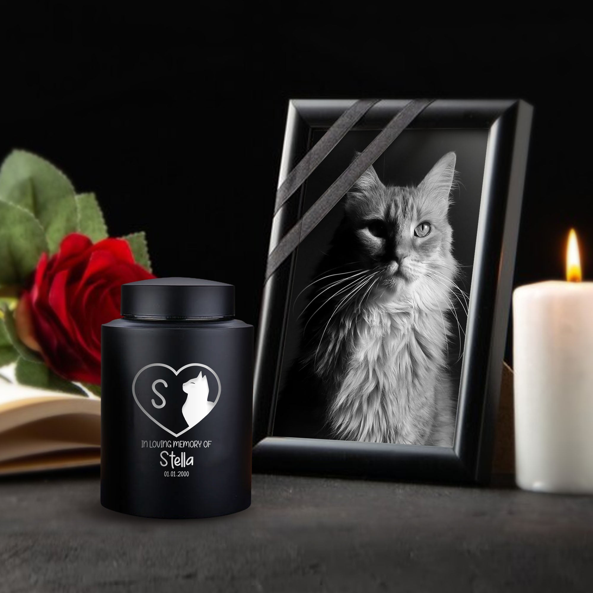 Personalized Custom Large Urn Pet Cat Cremation Urn Engraved with Name, Date and Text - Round Powder Coated Steel Urns for Cat Ashes, Pet Size 90-115 lbs