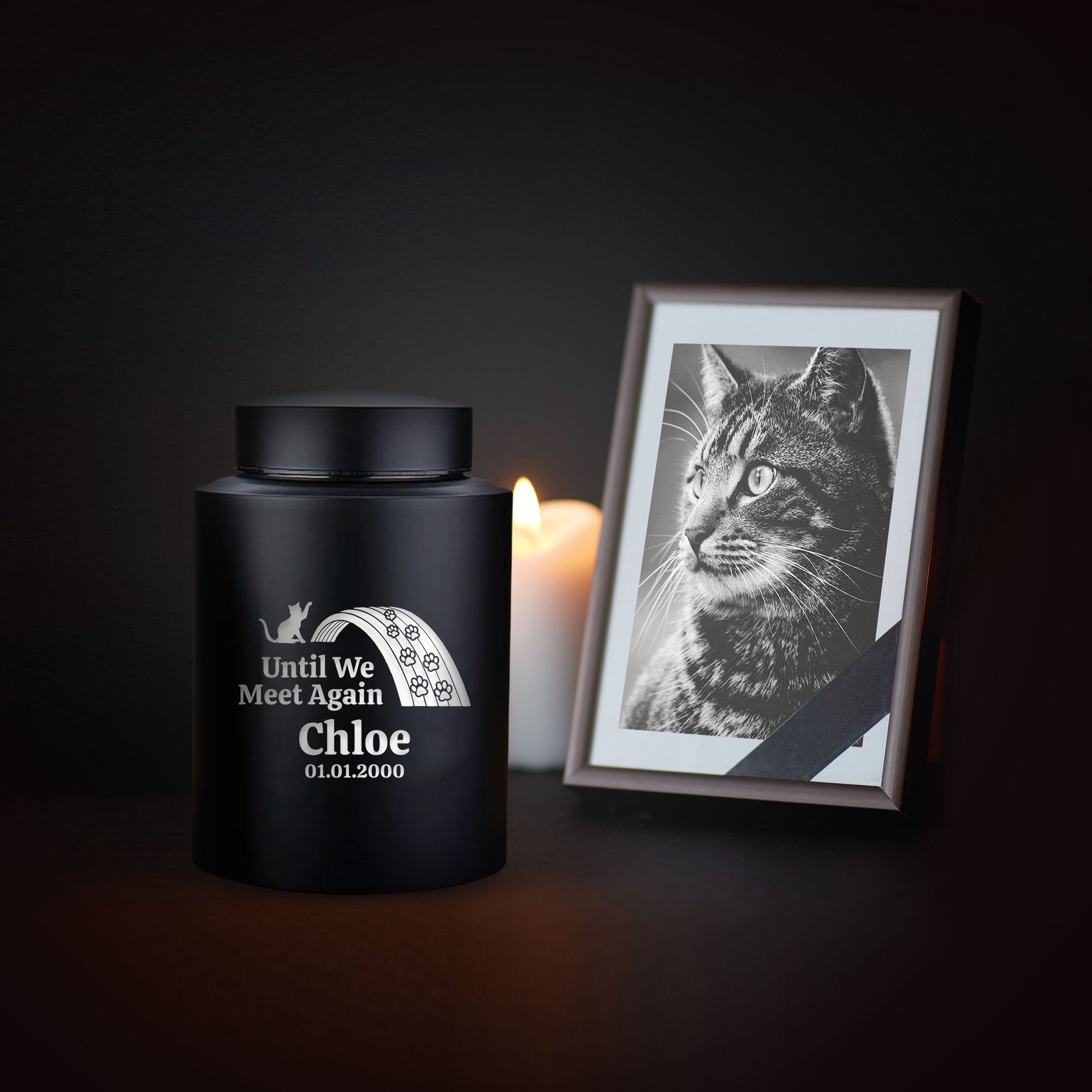 Personalized Custom Large Urn Pet Cat Cremation Urn Engraved with Name, Date and Text - Round Powder Coated Steel Urns for Cat Ashes, Pet Size 90-115 lbs