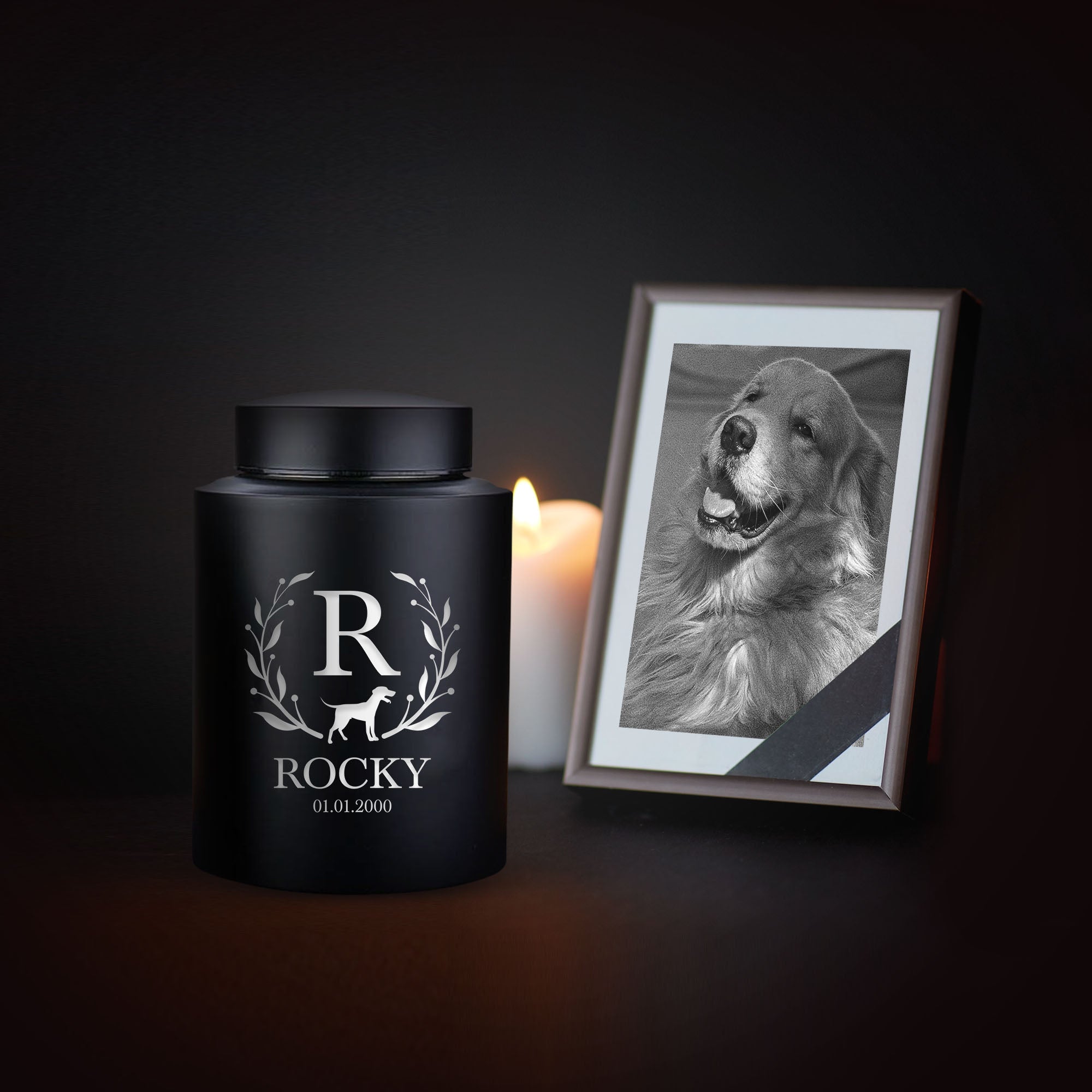 Personalized Custom Pet Dog Cremation Urn Engraved with Name, Date and Text - Round Powder Coated Steel Standard Size Urns for Dogs Ashes, Pet Size 30-50lbs