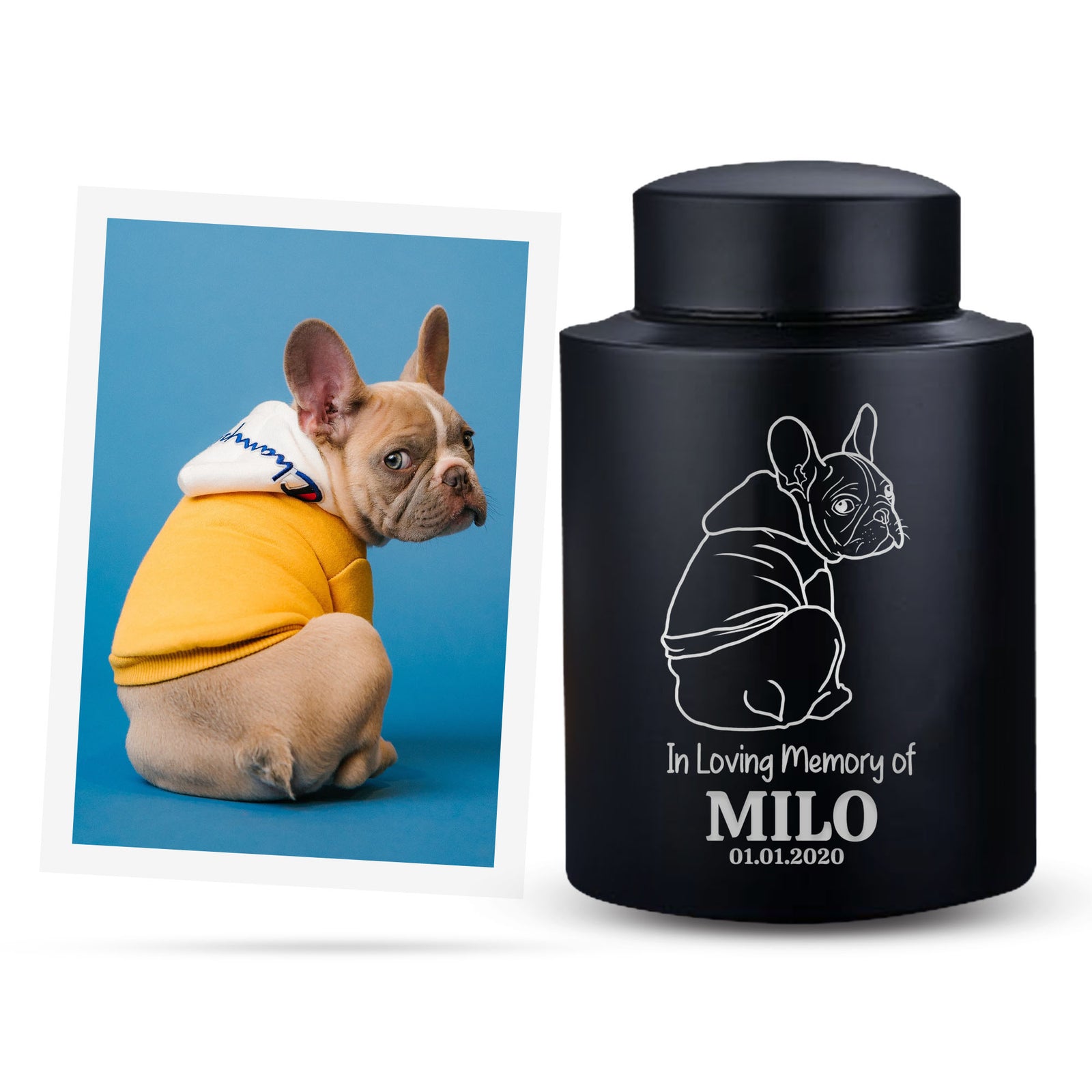 Custom Engraved Pet Photo/Image Cremation Urn – Personalized Pet Image Round Powder Coated Steel Standard Size Urn for Pet, Name, Date, and Text Engraving Included | Pet Size 30-50 lbs | Black