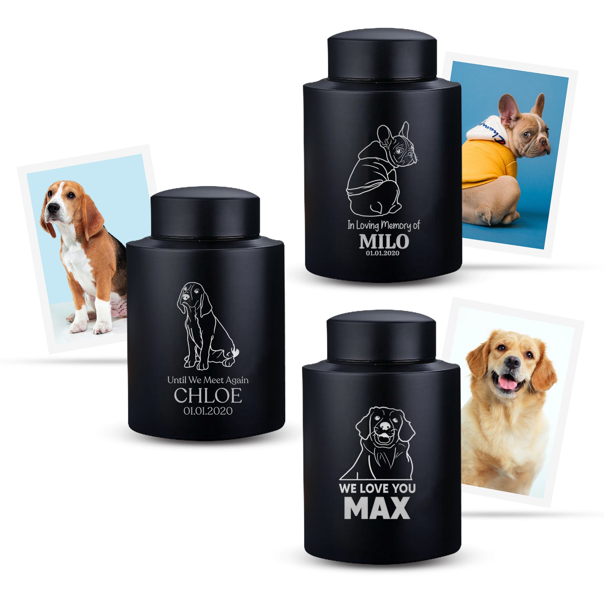 Custom Engraved Pet Photo/Image Cremation Urn – Personalized Pet Image Round Powder Coated Steel Standard Size Urn for Pet, Name, Date, and Text Engraving Included | Pet Size 30-50 lbs | Black
