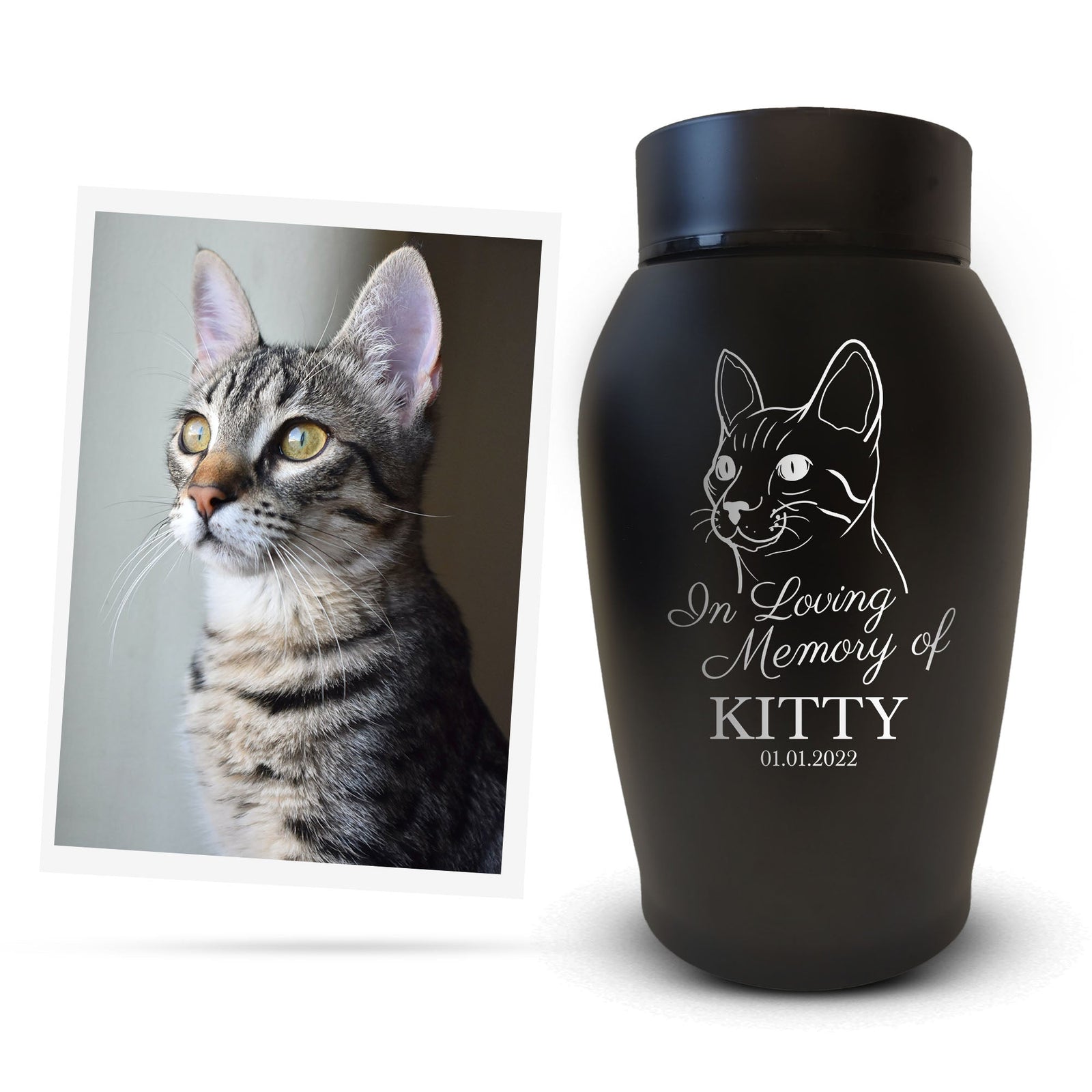 Custom Engraved Pet Urn: Personalized with Your Pet Photo/Image, Name, and Date - Stainless Steel Cremation Urns for Pets Ashes with Airtight Closure, Up to 50 Lbs Capacity | Black 5.2" x 3"