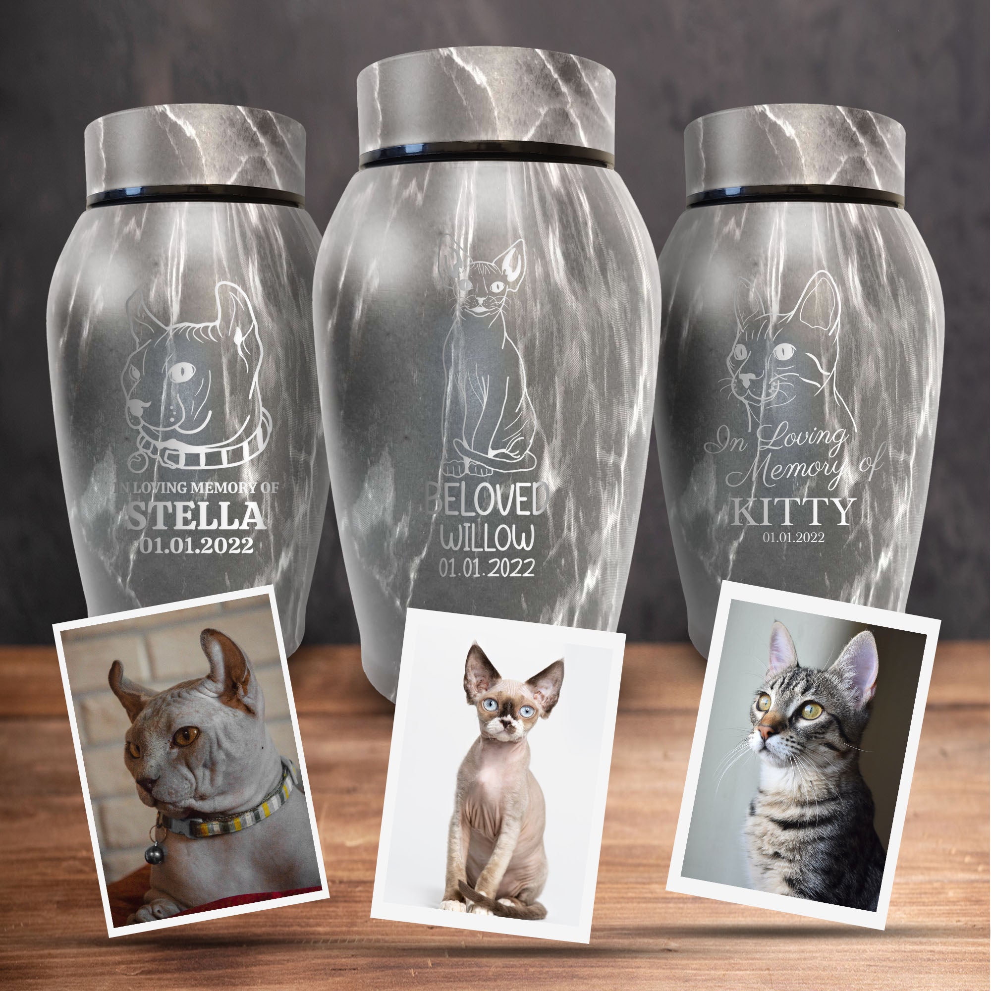Custom Engraved Pet Photo/Image Stone Gray Urn - Personalized Textured Cremation Urn - Stainless Steel Urn for Cat Memorial Ashes | Gray