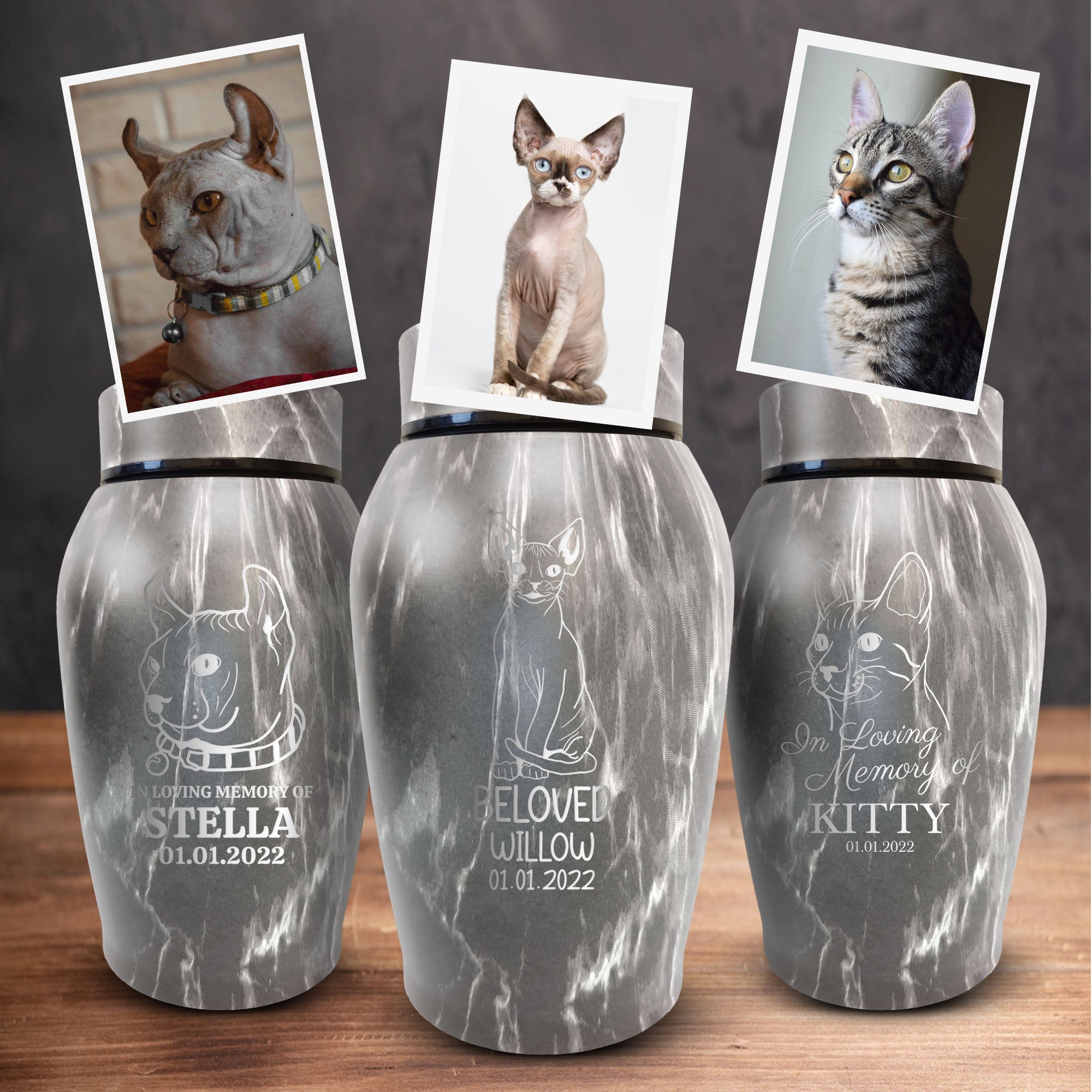 Custom Engraved Pet Photo/Image Stone Gray Urn - Personalized Textured Cremation Urn - Stainless Steel Urn for Cat Memorial Ashes | Gray