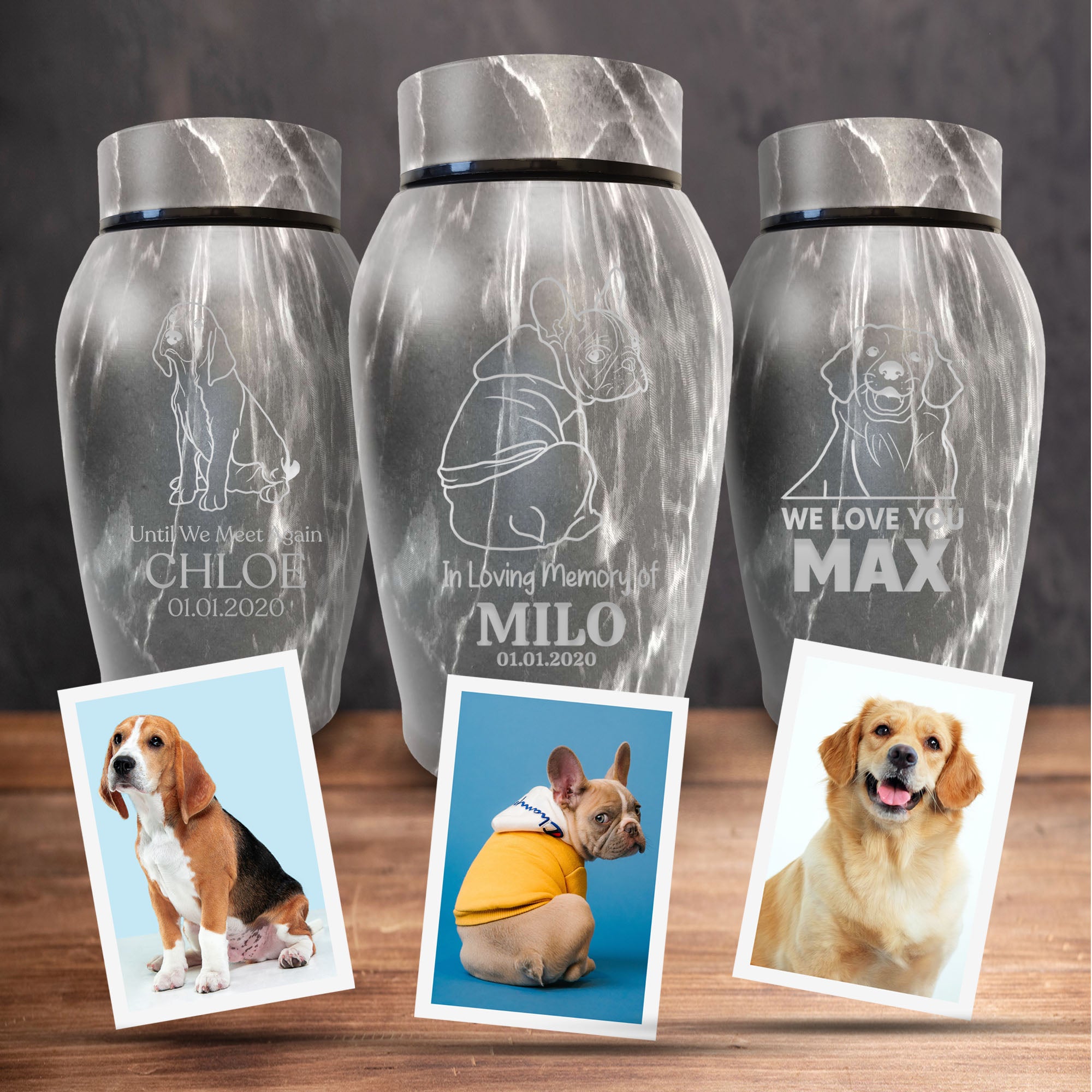 Custom Engraved Pet Photo/Image Stone Gray Urn - Personalized Textured Cremation Urn - Stainless Steel Urn for Dog Memorial Ashes | Gray