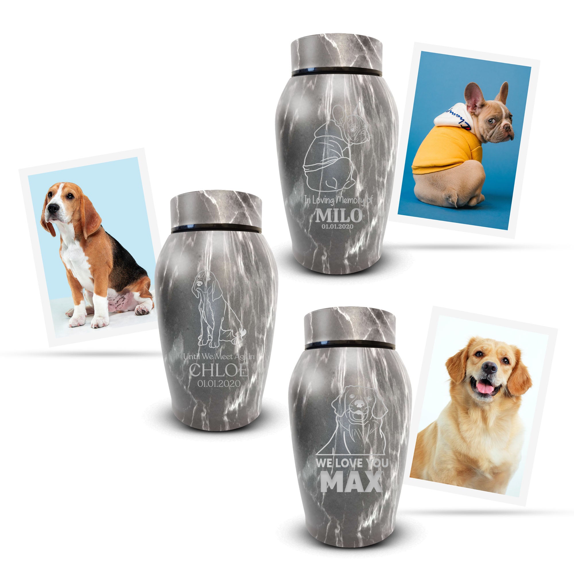 Custom Engraved Pet Photo/Image Stone Gray Urn - Personalized Textured Cremation Urn - Stainless Steel Urn for Dog Memorial Ashes | Gray