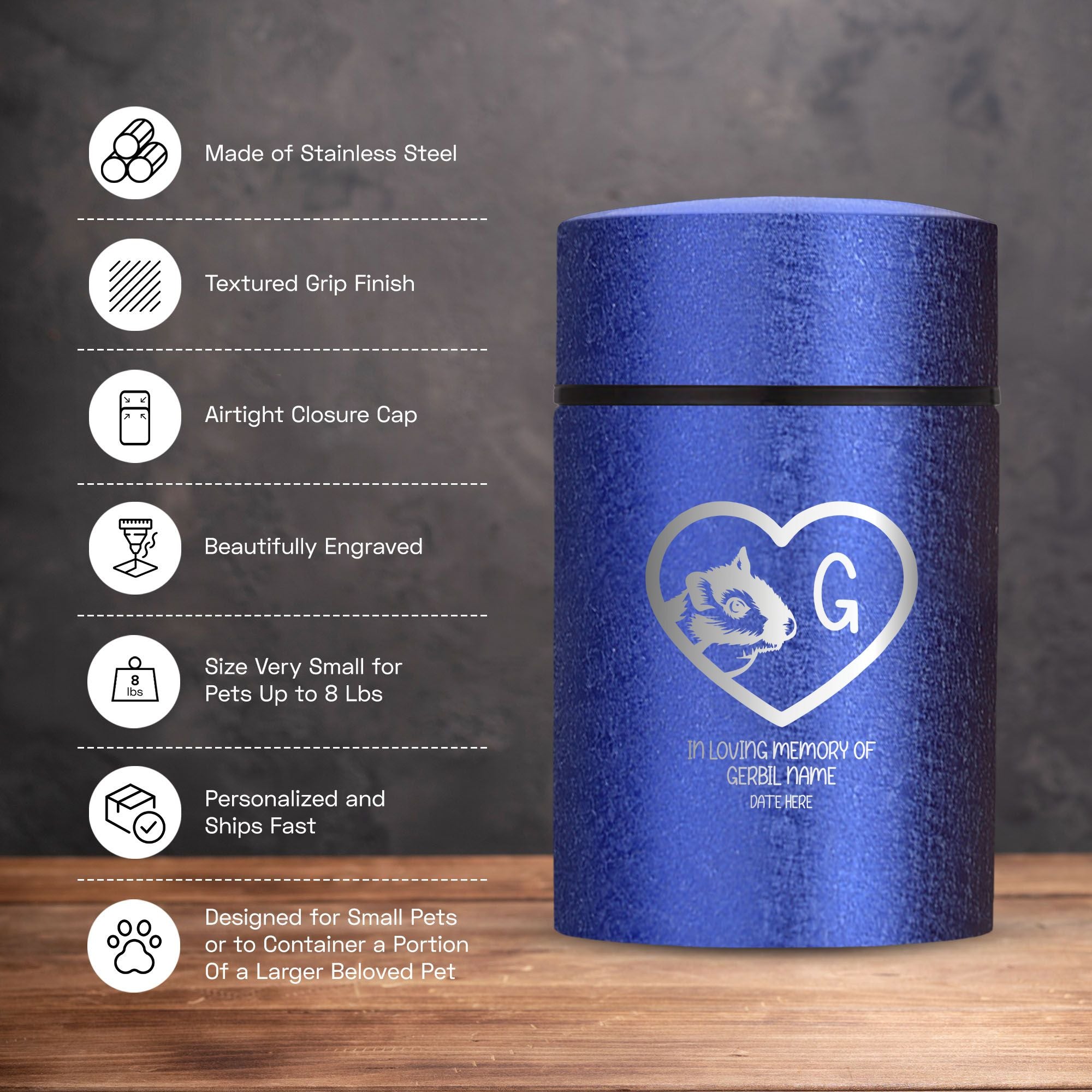 Products Personalized Custom Compact Mini Urn Keepsake Textured Pet Cremation Urn - Engraved Powder Coat Steel Urn for Gerbil Memorial Ashes | 3.2" x 2" (4-8 lb Capacity)
