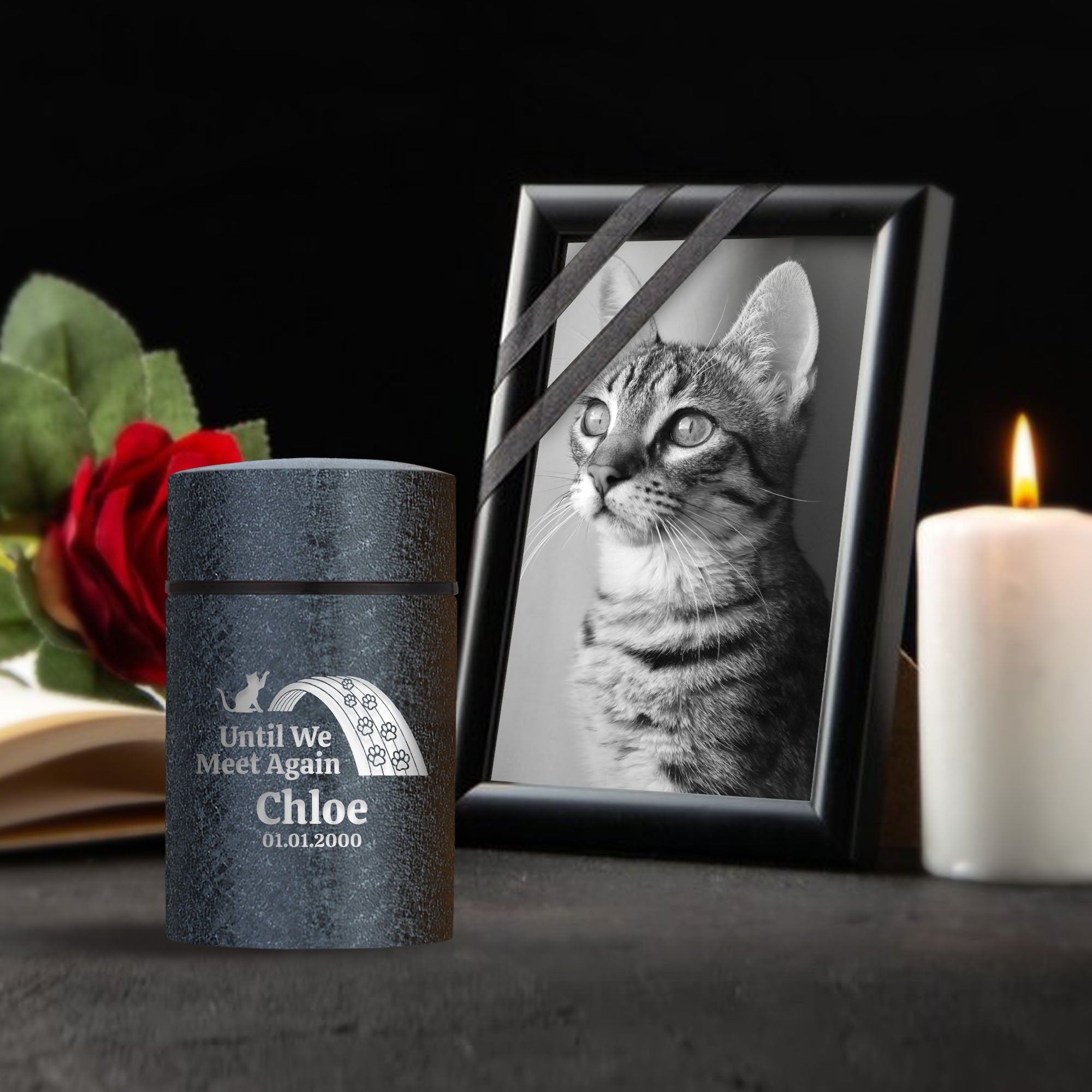 Personalized Custom Compact Mini Urn Keepsake Textured Pet Cremation Urn - Engraved Powder Coat Steel Urn for Cat Memorial Ashes | 3.2" x 2" (4-8 lb Capacity)